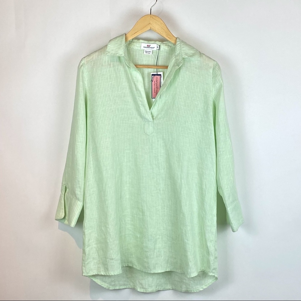 Vineyard Vines Lucaya light green white stripped 3/4 sleeve tunic linen XS
